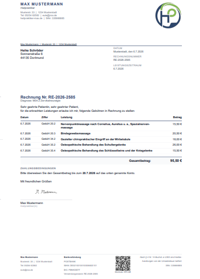 HeilPraxisAssistent Rechnung - professionelles PDF mit Leistungen, Betrag und GiroCode