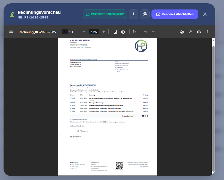 HeilPraxisAssistent Rechnungsvorschau - PDF prüfen, herunterladen, drucken oder versenden