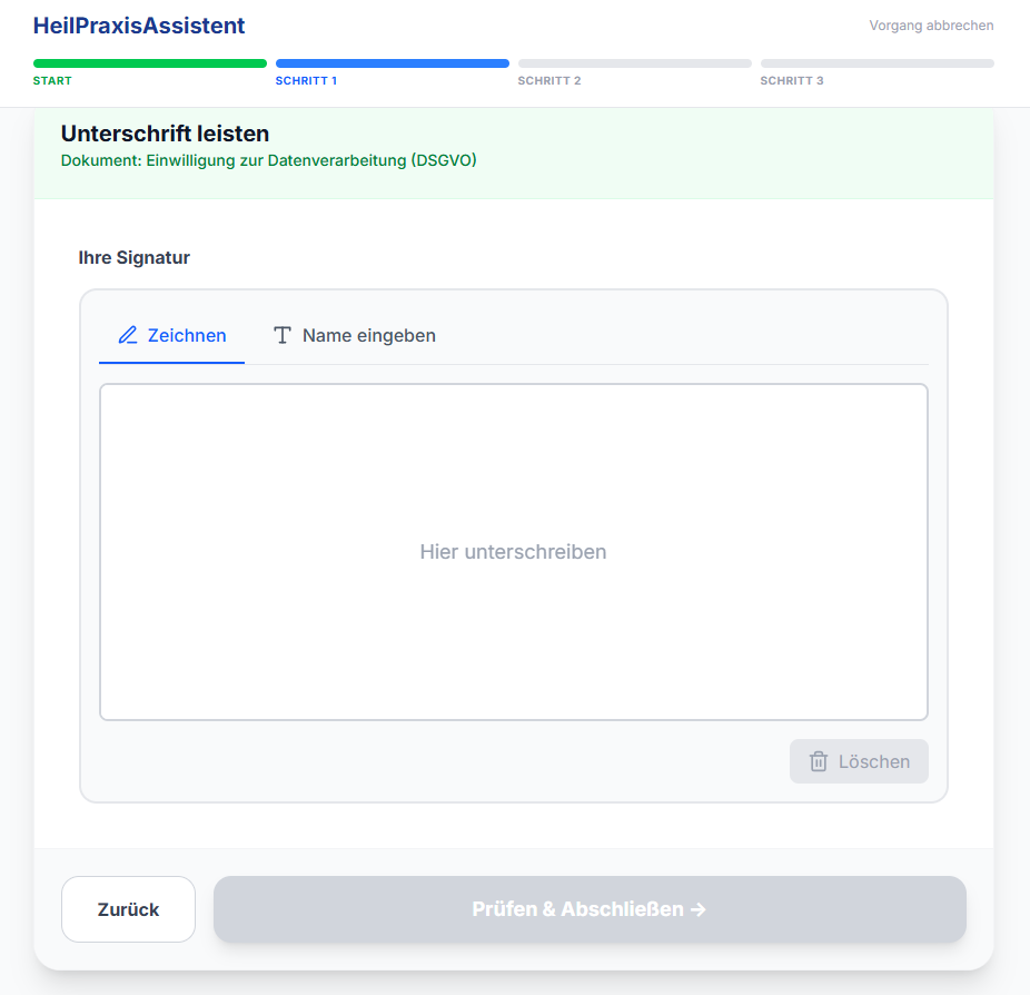 HeilPraxisAssistent digitale Signatur - Einwilligung zur Datenverarbeitung online unterschreiben